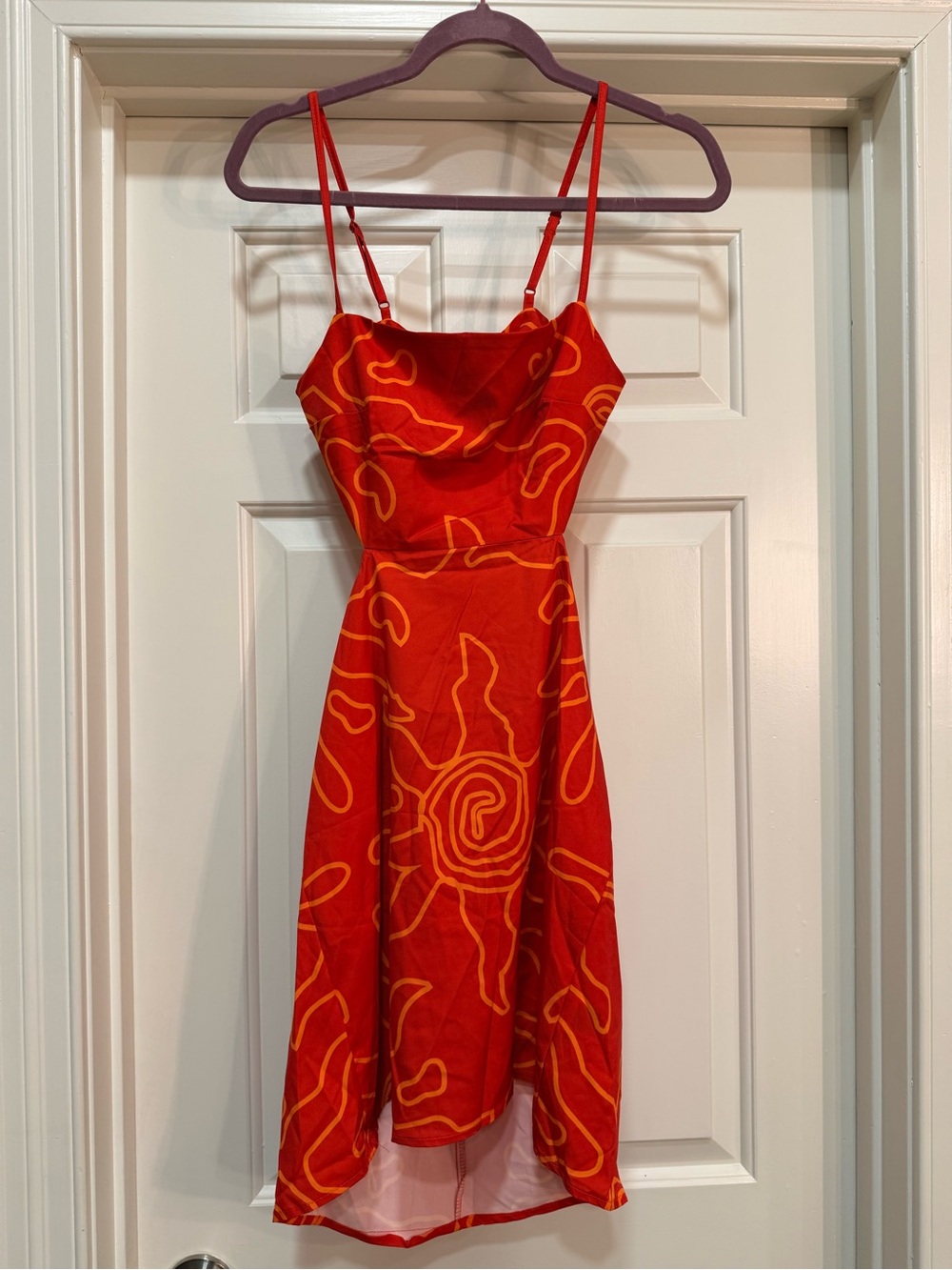 SHEIN Red Spaghetti Strap A-Line Dress with Orange Abstract Print